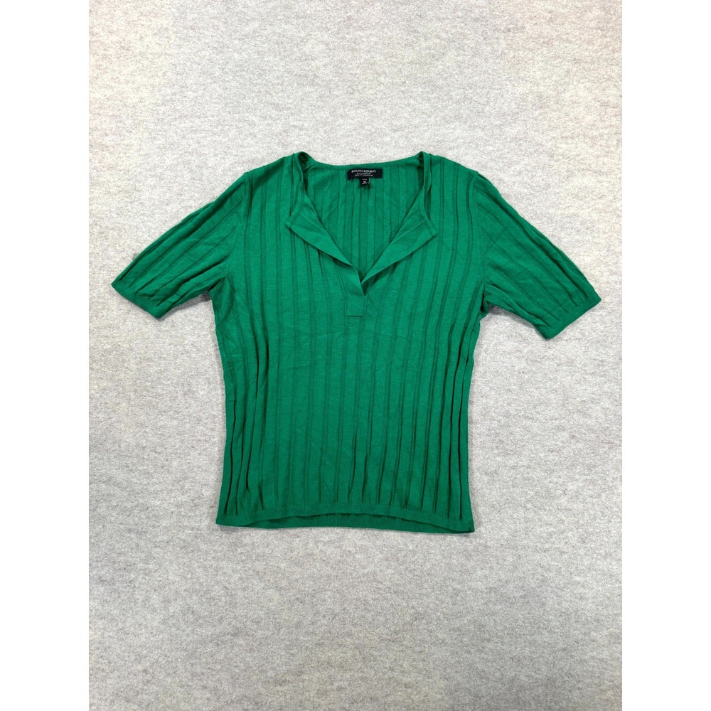 Banana Republic Silk Cashmere Top Womens Medium Petite Green Ribbed Knit V-Neck